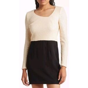 Dress The Population Chante Long Sleeve Cocktail Sequin Black Ivory Dress